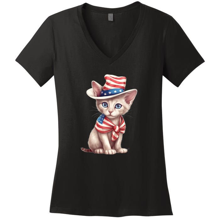 American Cat 4th Of July Cat Patriotic Cats Sphynx Kitten Women's V-Neck T-Shirt