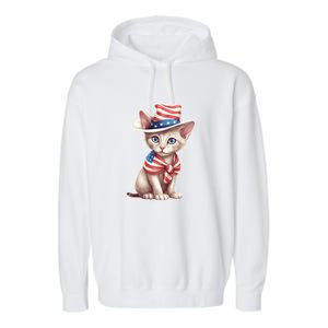 American Cat 4th Of July Cat Patriotic Cats Sphynx Kitten Garment-Dyed Fleece Hoodie