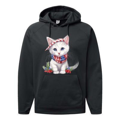 American Cat 4th Of July Cat Patriotic Cats Turkish Angora Kitten Performance Fleece Hoodie