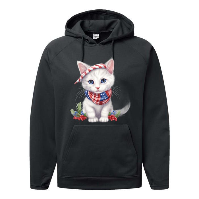 American Cat 4th Of July Cat Patriotic Cats Turkish Angora Kitten Performance Fleece Hoodie