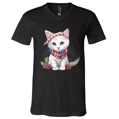 American Cat 4th Of July Cat Patriotic Cats Turkish Angora Kitten V-Neck T-Shirt