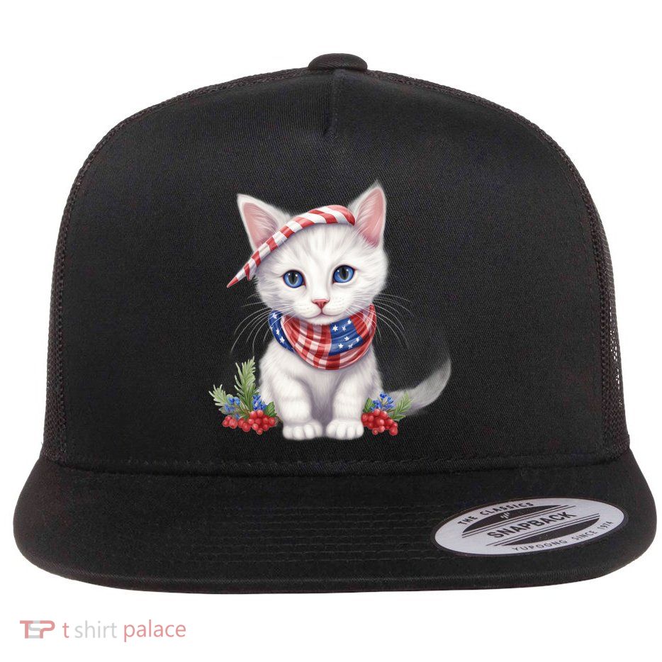 American Cat 4th Of July Cat Patriotic Cats Turkish Angora Kitten Flatbill Hat