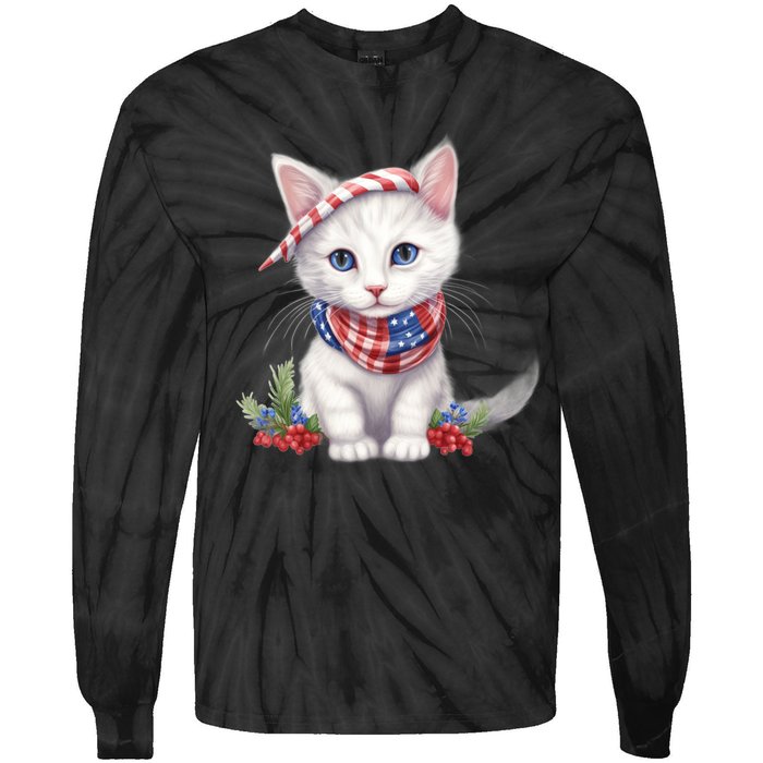 American Cat 4th Of July Cat Patriotic Cats Turkish Angora Kitten Tie-Dye Long Sleeve Shirt