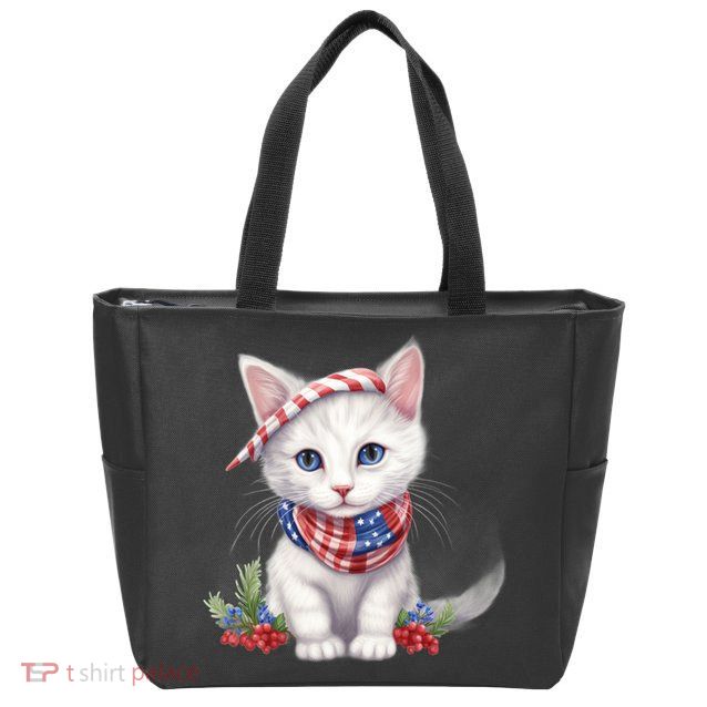 American Cat 4th Of July Cat Patriotic Cats Turkish Angora Kitten Zip Tote Bag