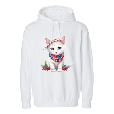 American Cat 4th Of July Cat Patriotic Cats Turkish Angora Kitten Garment-Dyed Fleece Hoodie