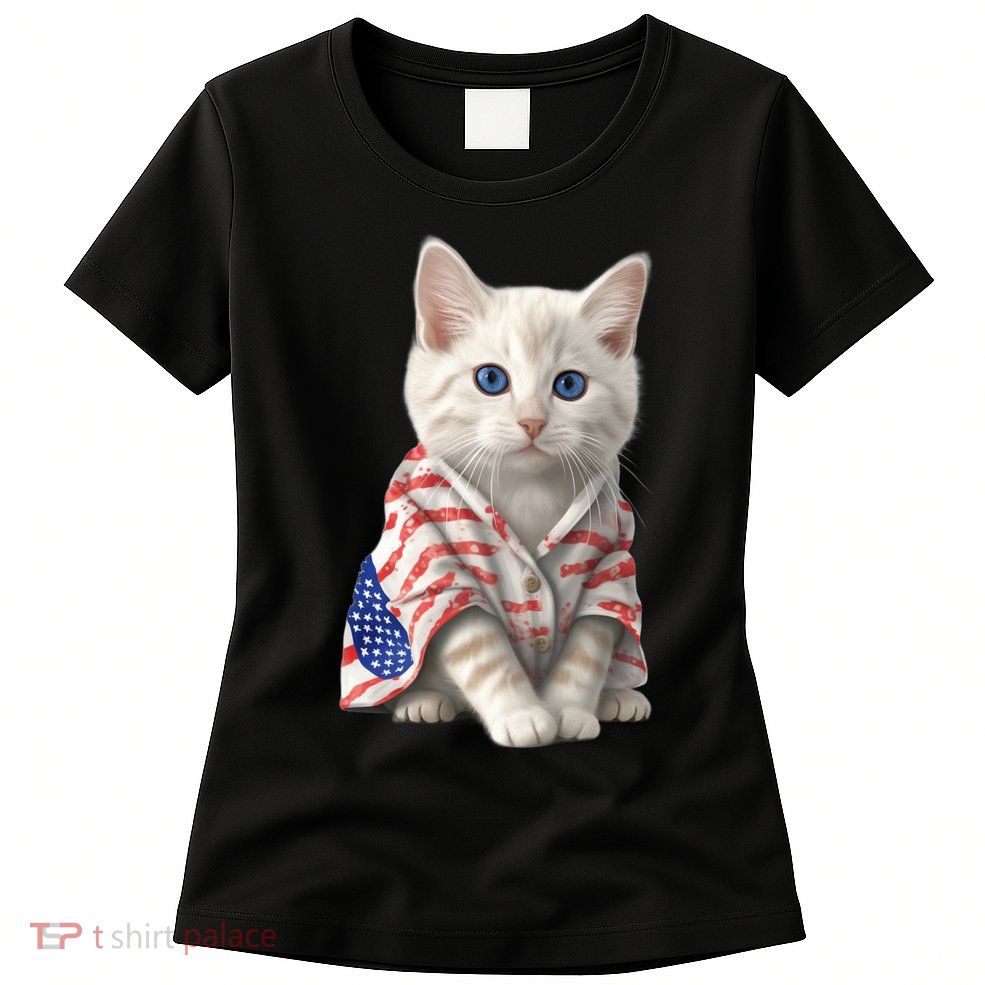 American Cat 4th Of July Cat Patriotic Cats Turkish Angora Kitten Womens T-Shirt