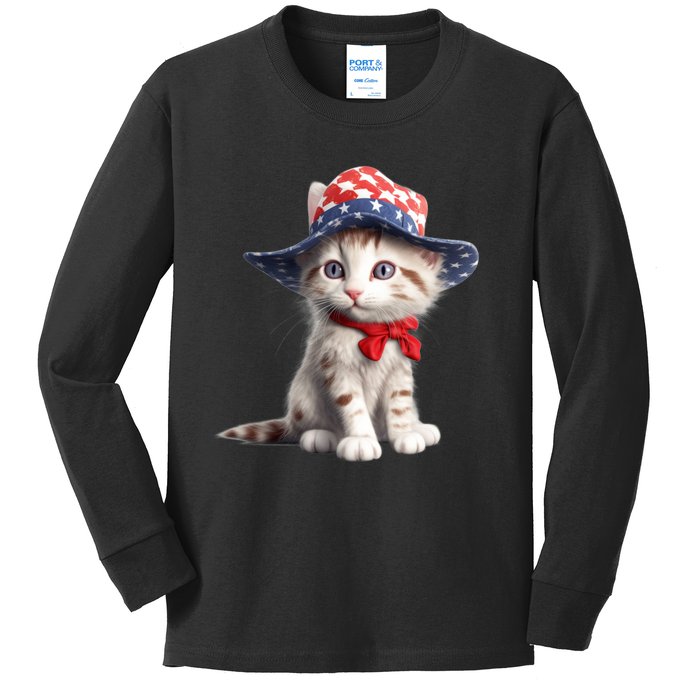 American Cat 4th Of July Cat Patriotic Cats Maine Coon Kitten Kids Long Sleeve Shirt