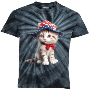 American Cat 4th Of July Cat Patriotic Cats Maine Coon Kitten Kids Tie-Dye T-Shirt