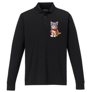 American Cat 4th Of July Cat Patriotic Cats Manx Kitten Performance Long Sleeve Polo