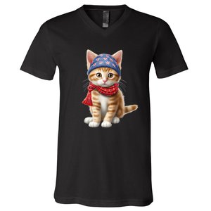 American Cat 4th Of July Cat Patriotic Cats Manx Kitten V-Neck T-Shirt