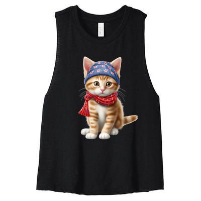 American Cat 4th Of July Cat Patriotic Cats Manx Kitten Women's Racerback Cropped Tank