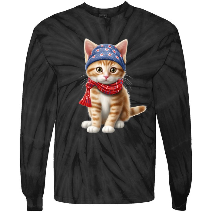 American Cat 4th Of July Cat Patriotic Cats Manx Kitten Tie-Dye Long Sleeve Shirt