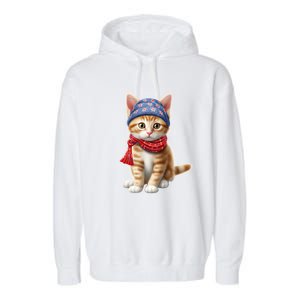 American Cat 4th Of July Cat Patriotic Cats Manx Kitten Garment-Dyed Fleece Hoodie