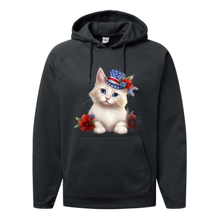 American Cat 4th Of July Cat Patriotic Cats Somali Kitten Performance Fleece Hoodie