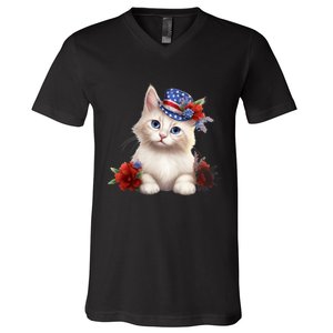 American Cat 4th Of July Cat Patriotic Cats Somali Kitten V-Neck T-Shirt