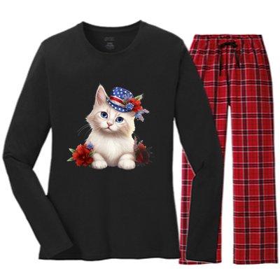 American Cat 4th Of July Cat Patriotic Cats Somali Kitten Women's Long Sleeve Flannel Pajama Set 