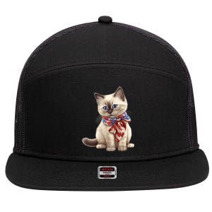 American Cat 4th Of July Cat Patriotic Cats Birman Kitten 7 Panel Mesh Trucker Snapback Hat