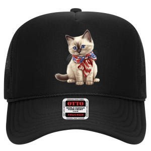 American Cat 4th Of July Cat Patriotic Cats Birman Kitten High Crown Mesh Back Trucker Hat