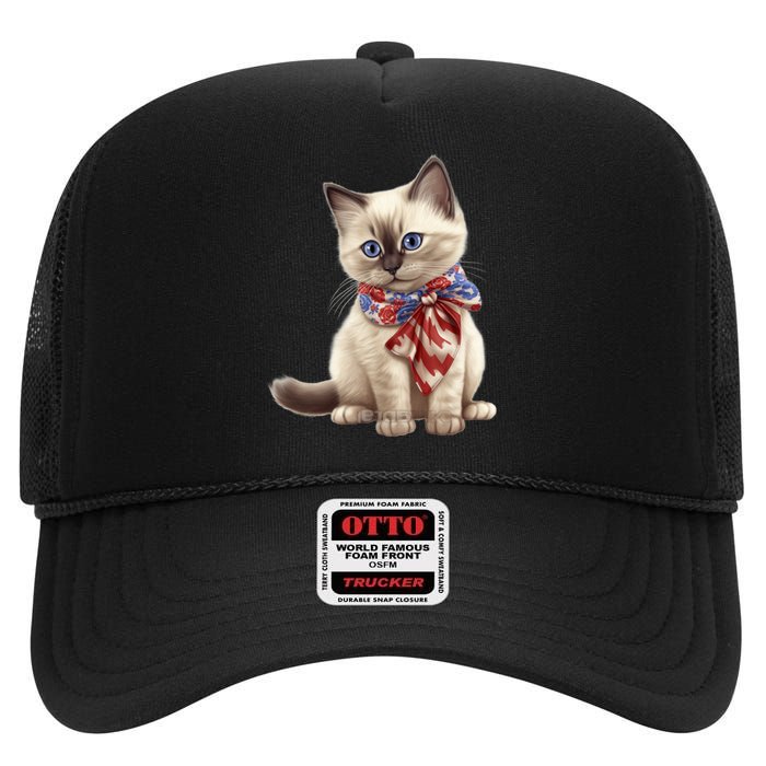 American Cat 4th Of July Cat Patriotic Cats Birman Kitten High Crown Mesh Back Trucker Hat