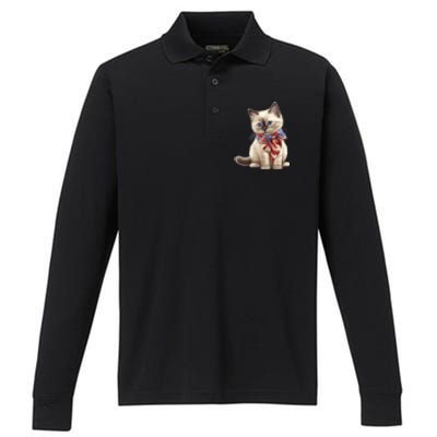 American Cat 4th Of July Cat Patriotic Cats Birman Kitten Performance Long Sleeve Polo