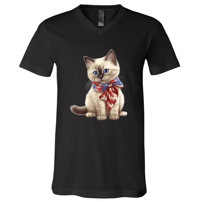 American Cat 4th Of July Cat Patriotic Cats Birman Kitten V-Neck T-Shirt