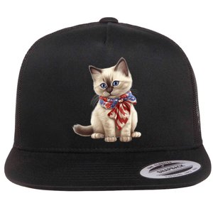 American Cat 4th Of July Cat Patriotic Cats Birman Kitten Flat Bill Trucker Hat