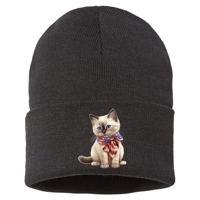 American Cat 4th Of July Cat Patriotic Cats Birman Kitten Sustainable Knit Beanie