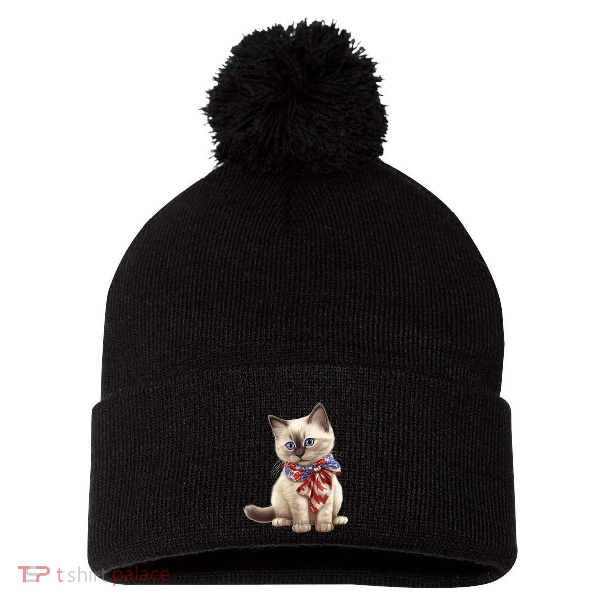 American Cat 4th Of July Cat Patriotic Cats Birman Kitten Pom Pom 12in Knit Beanie