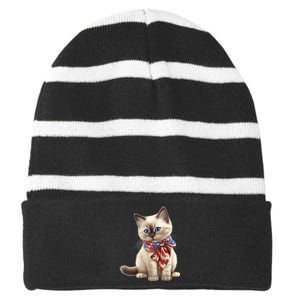 American Cat 4th Of July Cat Patriotic Cats Birman Kitten Striped Beanie with Solid Band