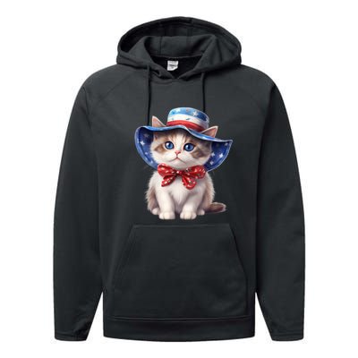 American Cat 4th Of July Cat Patriotic Cats Bombay Kitten Performance Fleece Hoodie