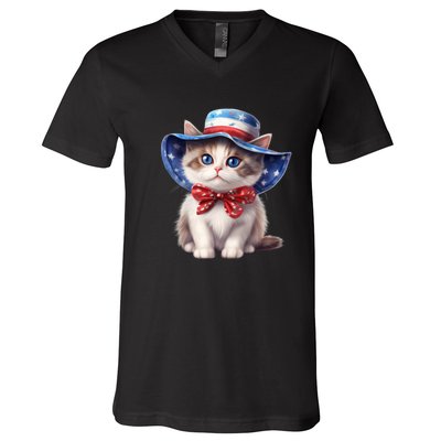 American Cat 4th Of July Cat Patriotic Cats Bombay Kitten V-Neck T-Shirt