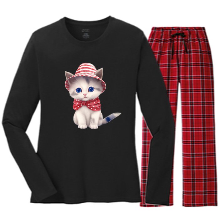 American Cat 4th Of July Cat Patriotic Cats Somali Kitten Women's Long Sleeve Flannel Pajama Set 