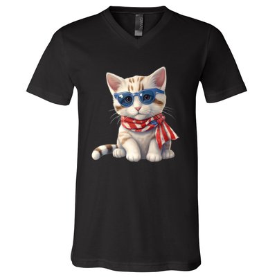 American Cat 4th Of July Cat Patriotic Cats Bengal Kitten V-Neck T-Shirt