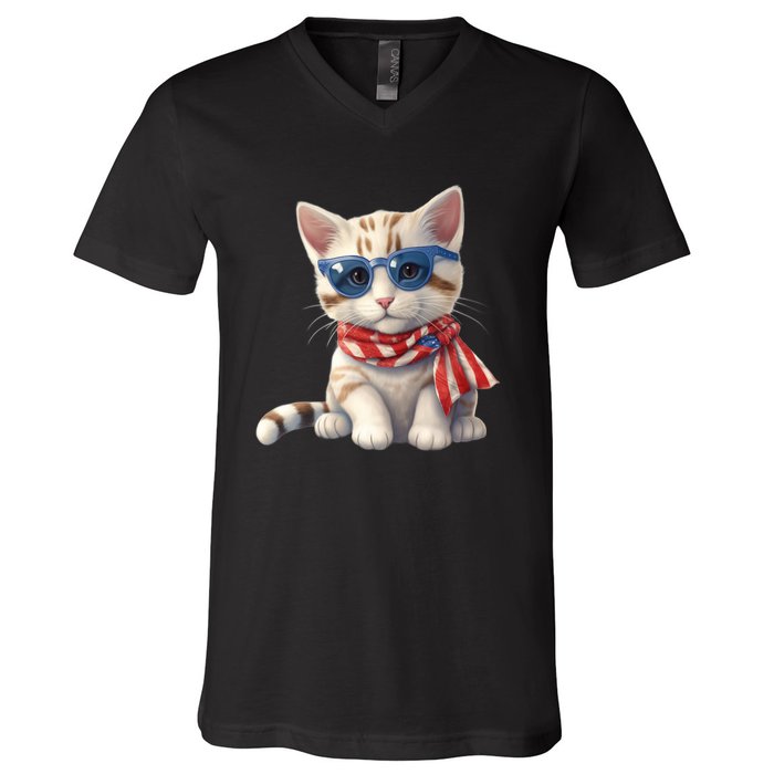 American Cat 4th Of July Cat Patriotic Cats Bengal Kitten V-Neck T-Shirt