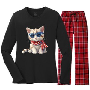 American Cat 4th Of July Cat Patriotic Cats Bengal Kitten Women's Long Sleeve Flannel Pajama Set 