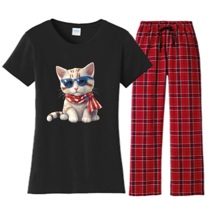 American Cat 4th Of July Cat Patriotic Cats Bengal Kitten Women's Flannel Pajama Set