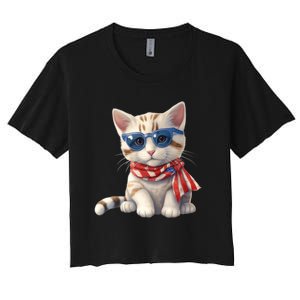 American Cat 4th Of July Cat Patriotic Cats Bengal Kitten Women's Crop Top Tee