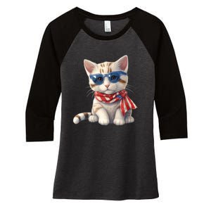 American Cat 4th Of July Cat Patriotic Cats Bengal Kitten Women's Tri-Blend 3/4-Sleeve Raglan Shirt