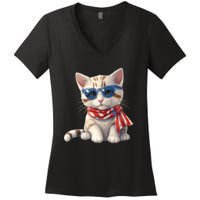 American Cat 4th Of July Cat Patriotic Cats Bengal Kitten Women's V-Neck T-Shirt