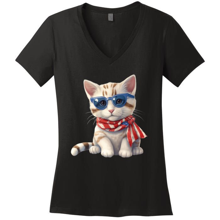 American Cat 4th Of July Cat Patriotic Cats Bengal Kitten Women's V-Neck T-Shirt