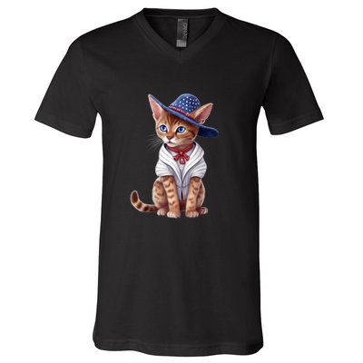 American Cat 4th Of July Cat Patriotic Cats Abyssinian Kitten V-Neck T-Shirt