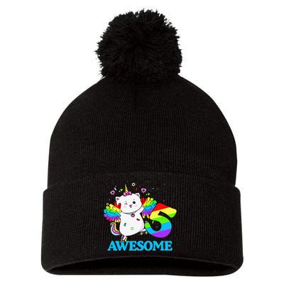 Awesome Caticorn 5th Birthday Unicorn Five Years Old Pom Pom 12in Knit Beanie