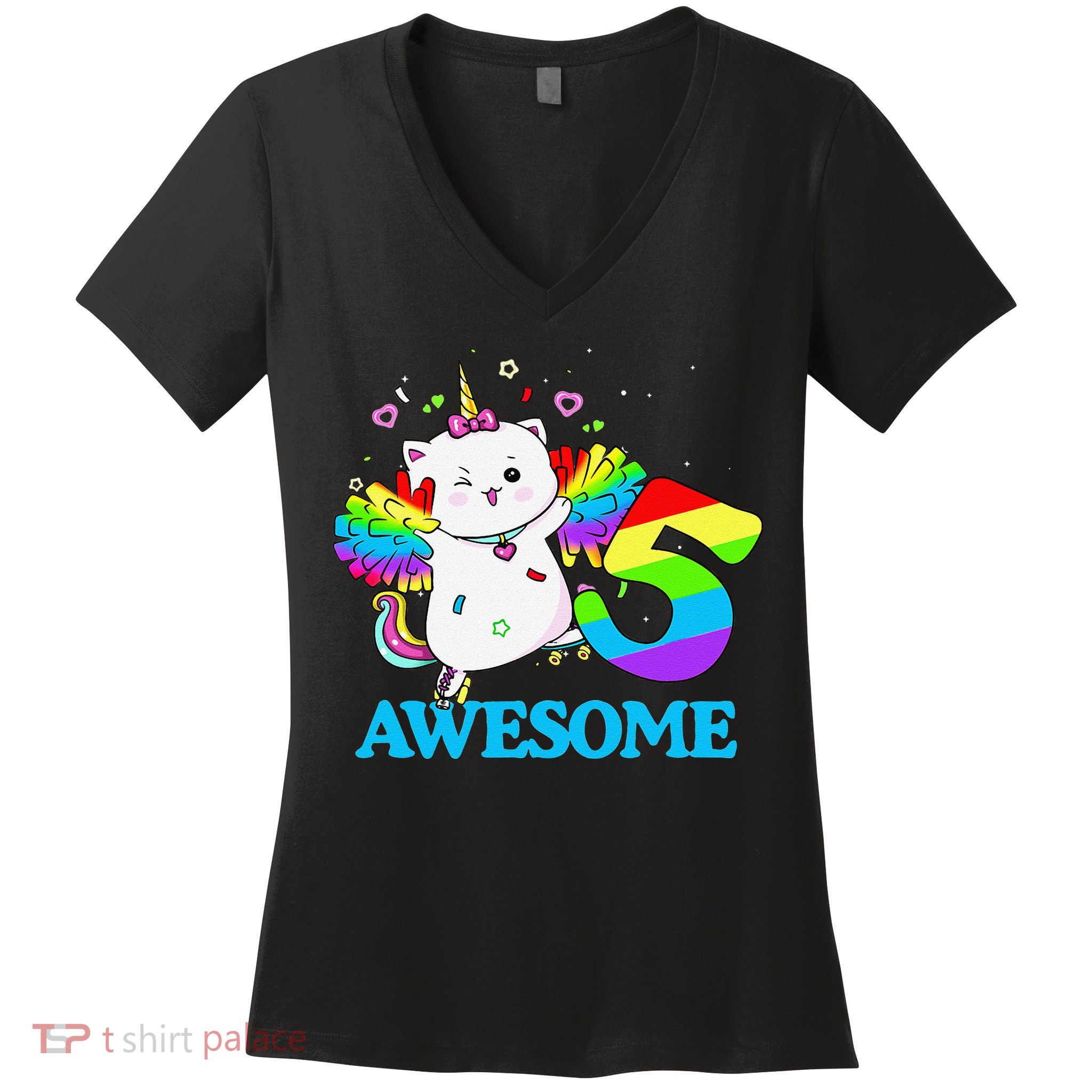 Awesome Caticorn 5th Birthday Unicorn Five Years Old Women's V-Neck T-Shirt