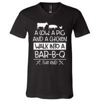 A Cow, A Pig And A Chicken Walk Into A Bar B Q The End BBQ V-Neck T-Shirt