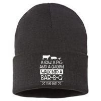 A Cow, A Pig And A Chicken Walk Into A Bar B Q The End BBQ Sustainable Knit Beanie