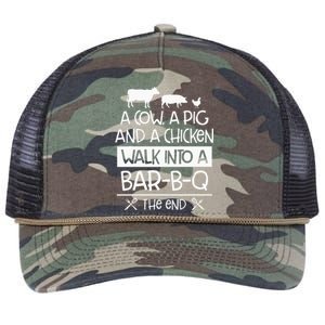 A Cow, A Pig And A Chicken Walk Into A Bar B Q The End BBQ Retro Rope Trucker Hat Cap