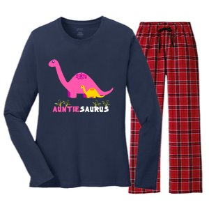 Auntiesaurus Cute Auntie Saurus Dinosaur Aunt Matching Women's Long Sleeve Flannel Pajama Set 