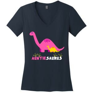 Auntiesaurus Cute Auntie Saurus Dinosaur Aunt Matching Women's V-Neck T-Shirt