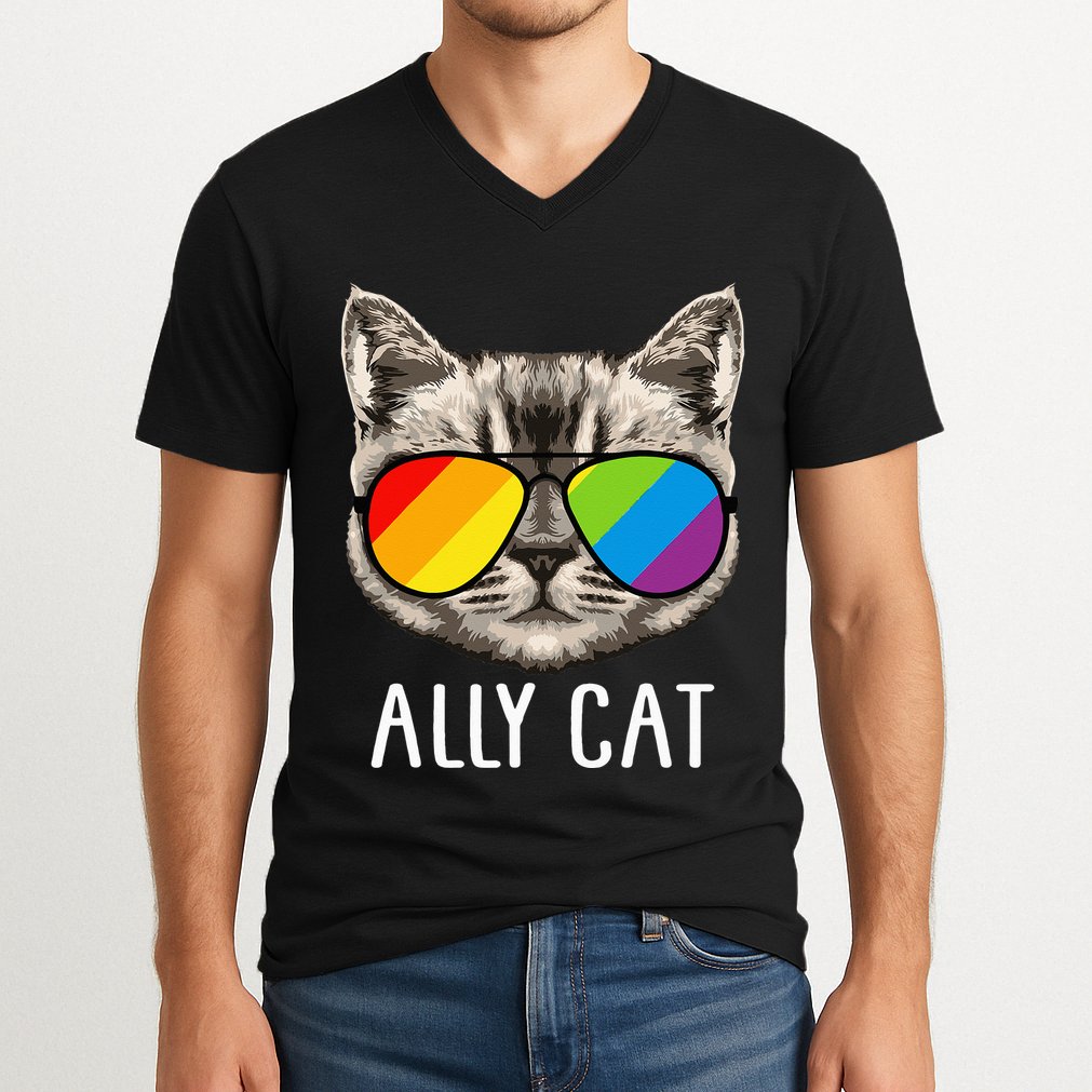Ally Cat Ally Cat LGBTQ+ LGBT Flag LGBT Ally Cat V-Neck T-Shirt