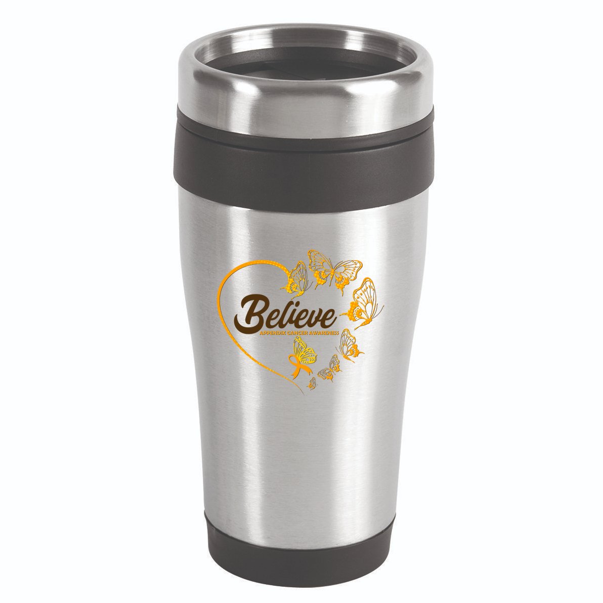 Appendix Cancer Awareness Believe Butterfly Heart 16oz Travel Tumbler